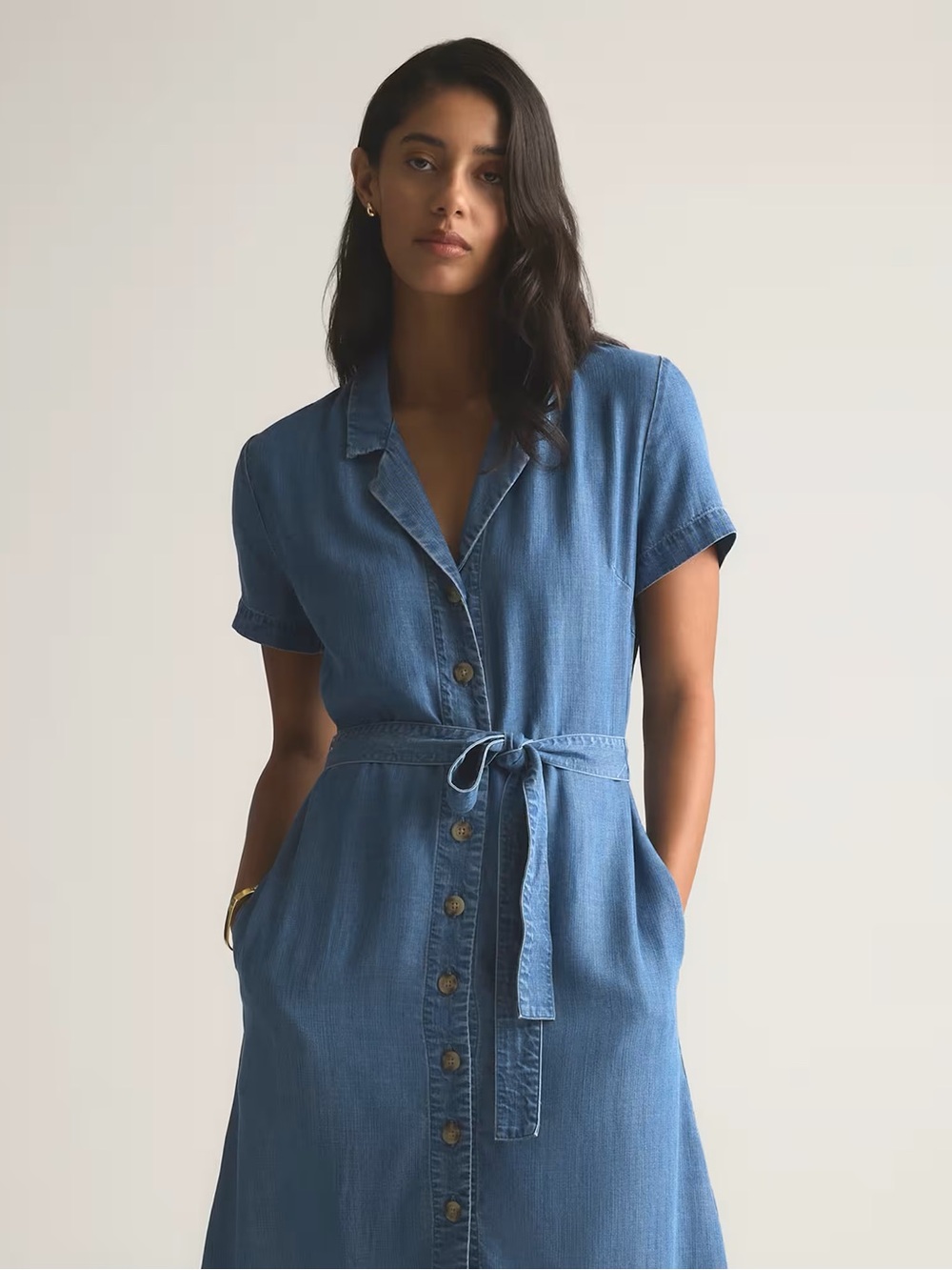 Quince Blue Button-Front Denim Midi Dress with Tie Waist - Picture 9 of 12